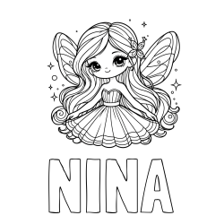 Online izdelana pobarvanka - Pobarvanka imena NINA in pobarvanka ljubke in nasmejane čarobne vile