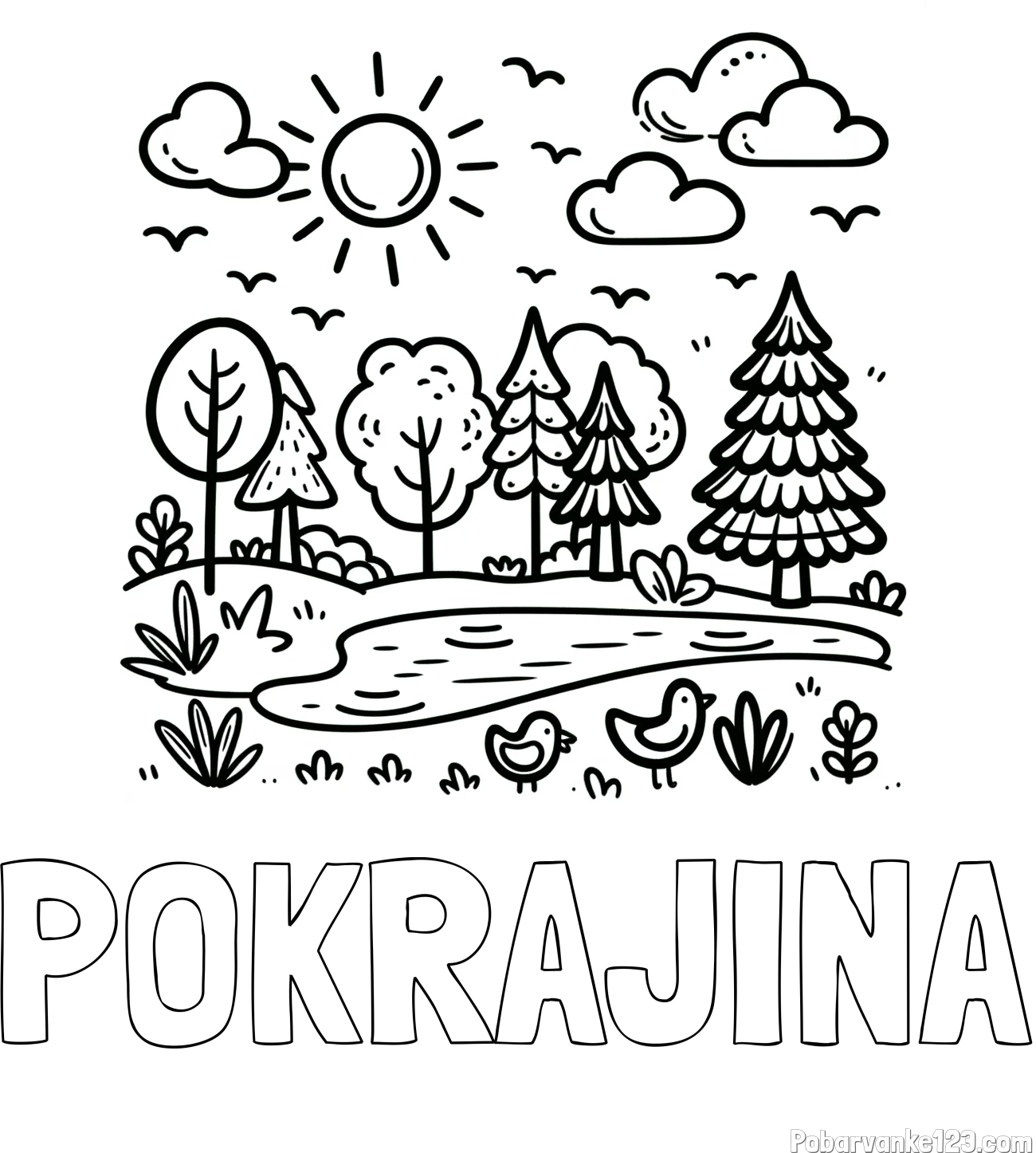 Pobarvanka imena POKRAJINA in preprosta otroška pobarvanka narave