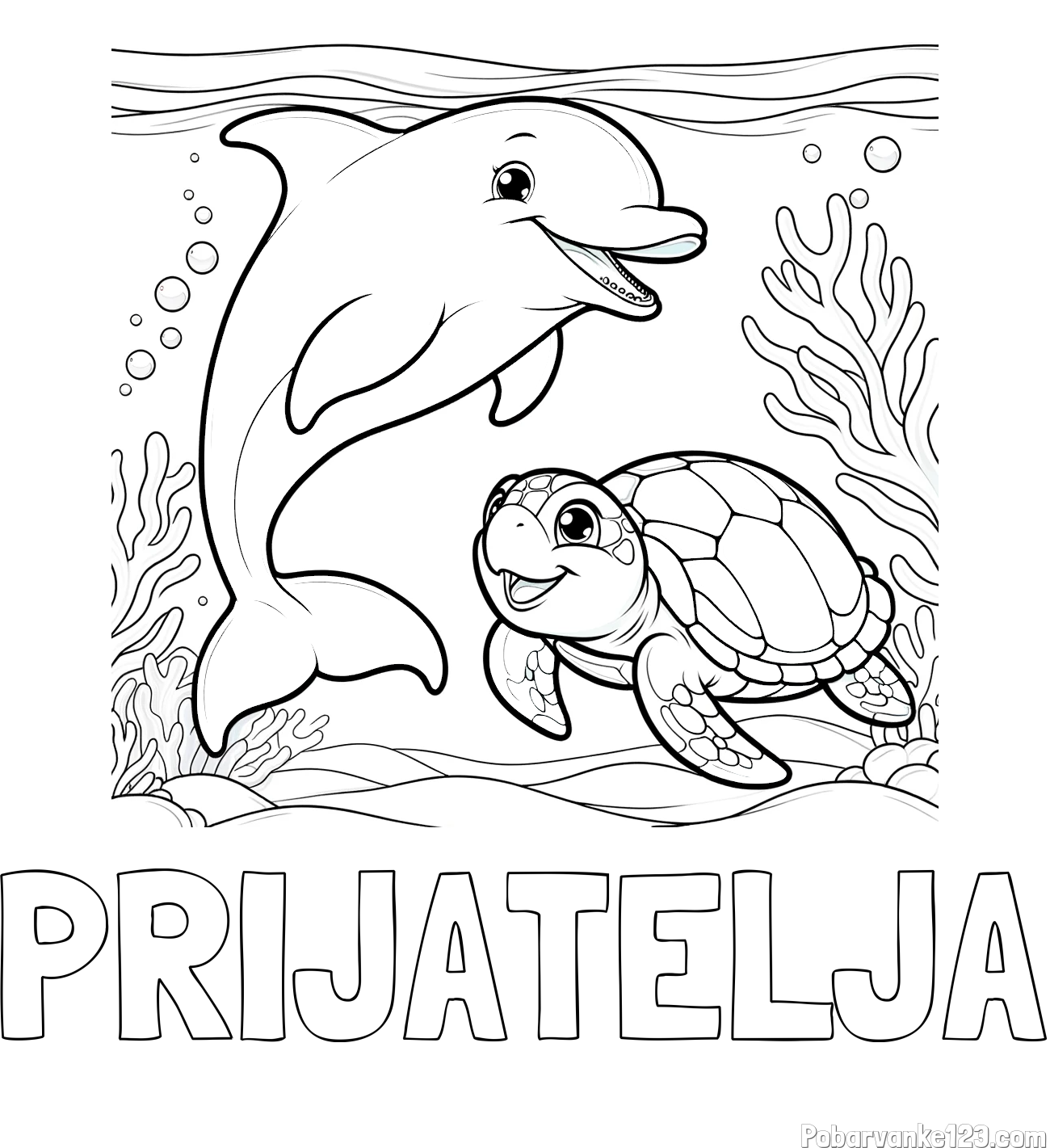 Pobarvanka imena PRIJATELJA in pobarvanka ljubkega delfina z želvo v morju