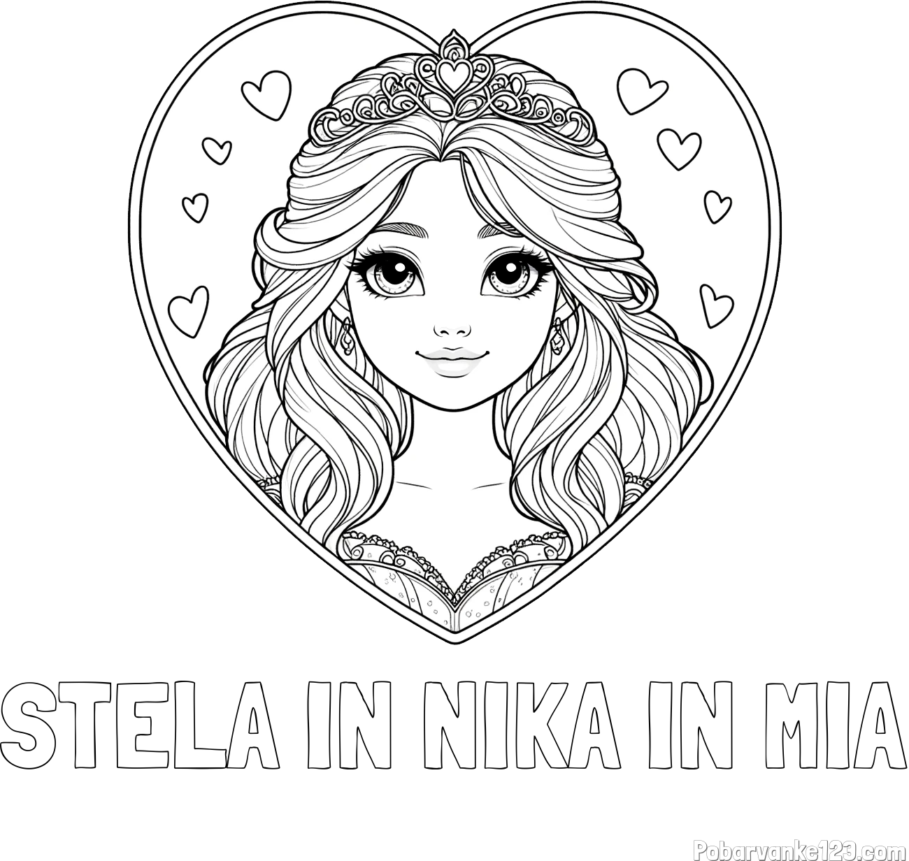 Pobarvanka imena STELA IN NIKA IN MIA in pobarvanka princeske ter srčkov