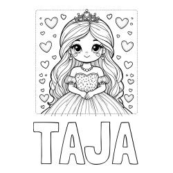 Online izdelana pobarvanka - Pobarvanka imena TAJA in pobarvanka ljubke princese obdane s srčki