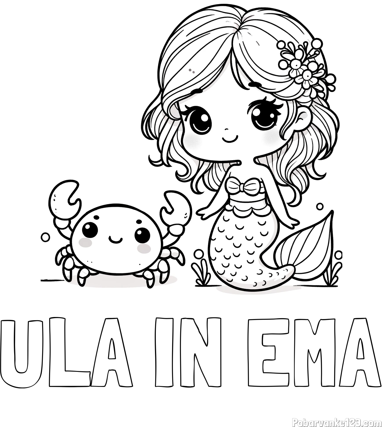 Pobarvanka imena ULA IN EMA in pobarvanka ljubke morske deklice in veselega raka