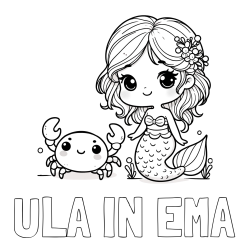 Online izdelana pobarvanka - Pobarvanka imena ULA IN EMA in pobarvanka ljubke morske deklice in veselega raka