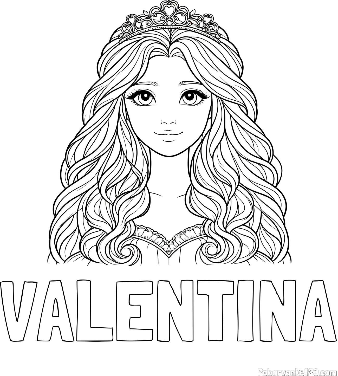 Pobarvanka imena VALENTINA in pobarvanka ljubke princese z bujnimi lasmi