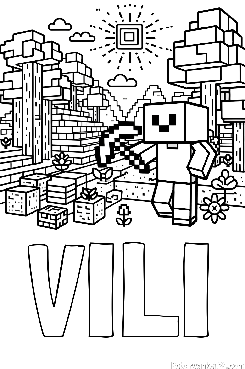 Pobarvanka imena VILI in pobarvanka Minecraft sveta