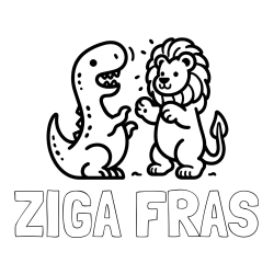 Pobarvanka imena ŽIGA FRAS in pobarvanka dinozavra, ki napada leva