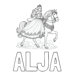 Online izdelana pobarvanka - Pobarvanka imena ALJA in pobarvanka princese na konju