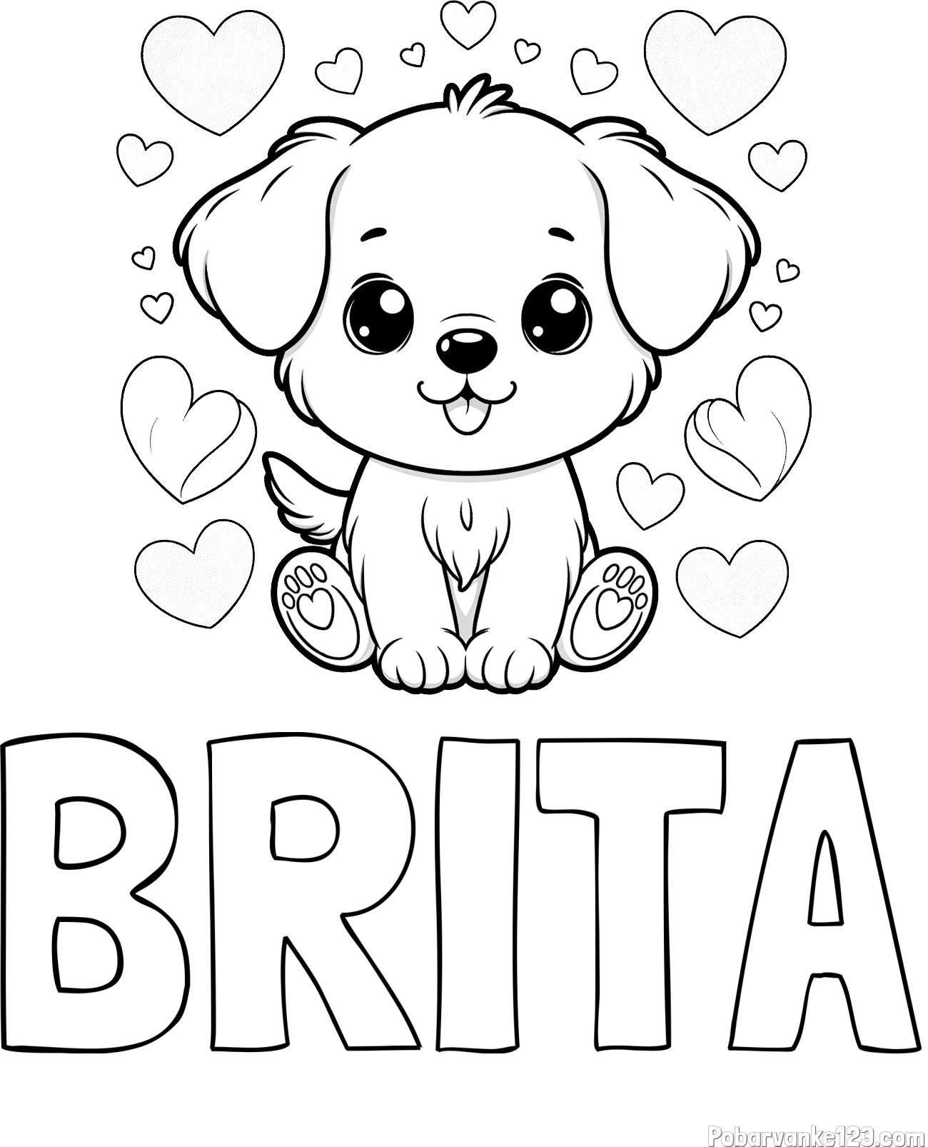 Pobarvanka imena BRITA in pobarvanka ljubkega kužka obdanega s srčki
