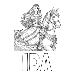 Online izdelana pobarvanka - Pobarvanka imena IDA in pobarvanka nasmejana princese na konju