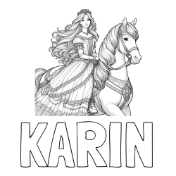 Online izdelana pobarvanka - Pobarvanka imena KARIN in pobarvanka nasmejana princese na konju