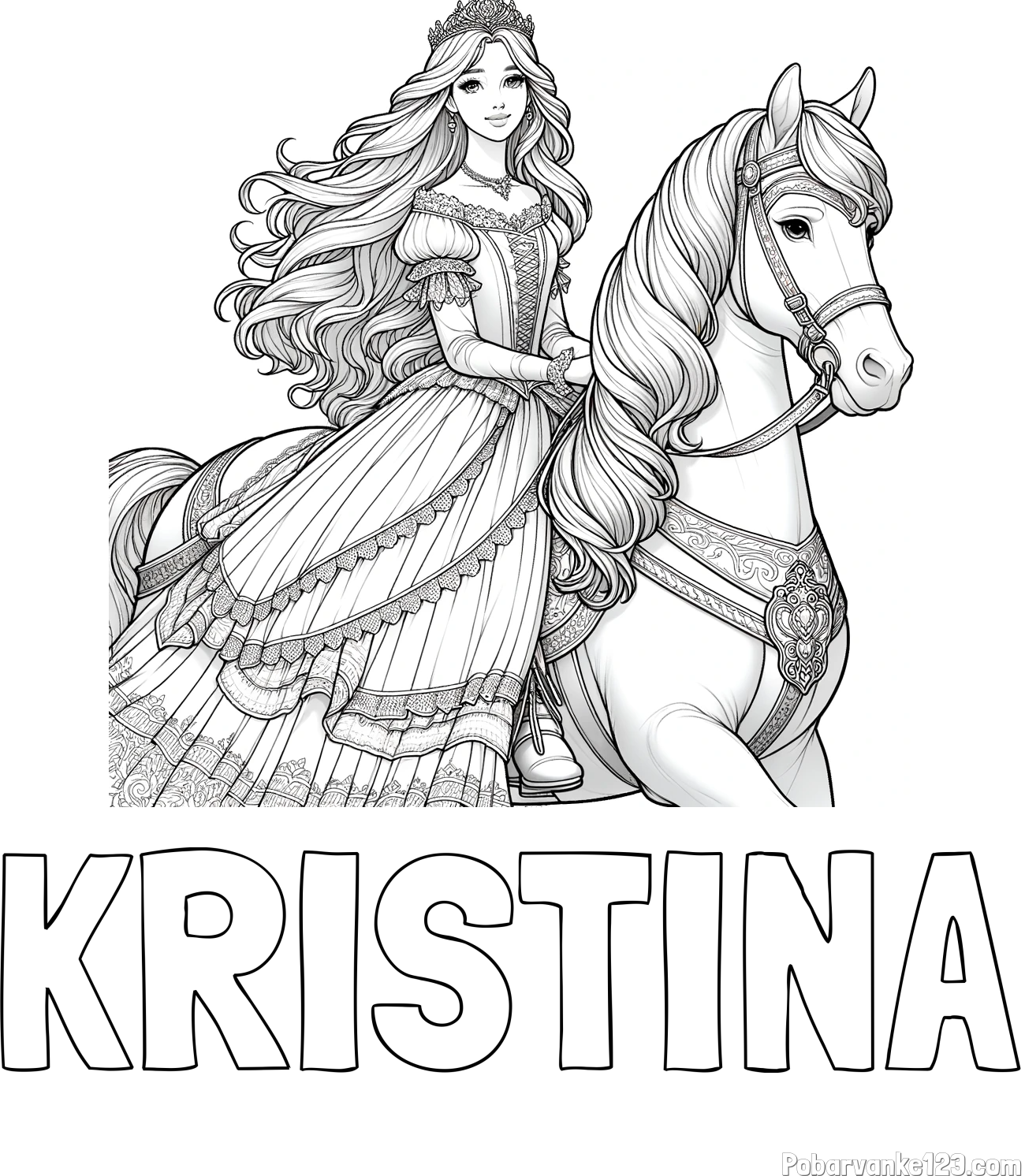 Pobarvanka imena KRISTINA in pobarvanka nasmejana princese na konju