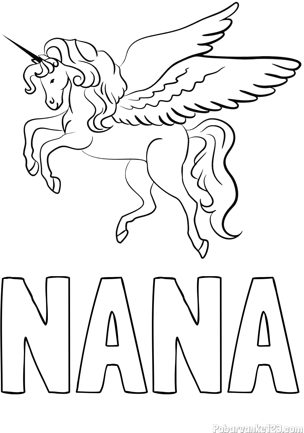 Pobarvanka imena NANA in lepa pobarvanka samoroga