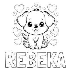 Online izdelana pobarvanka - Pobarvanka imena REBEKA in pobarvanka ljubkega kužka obdanega s srčki