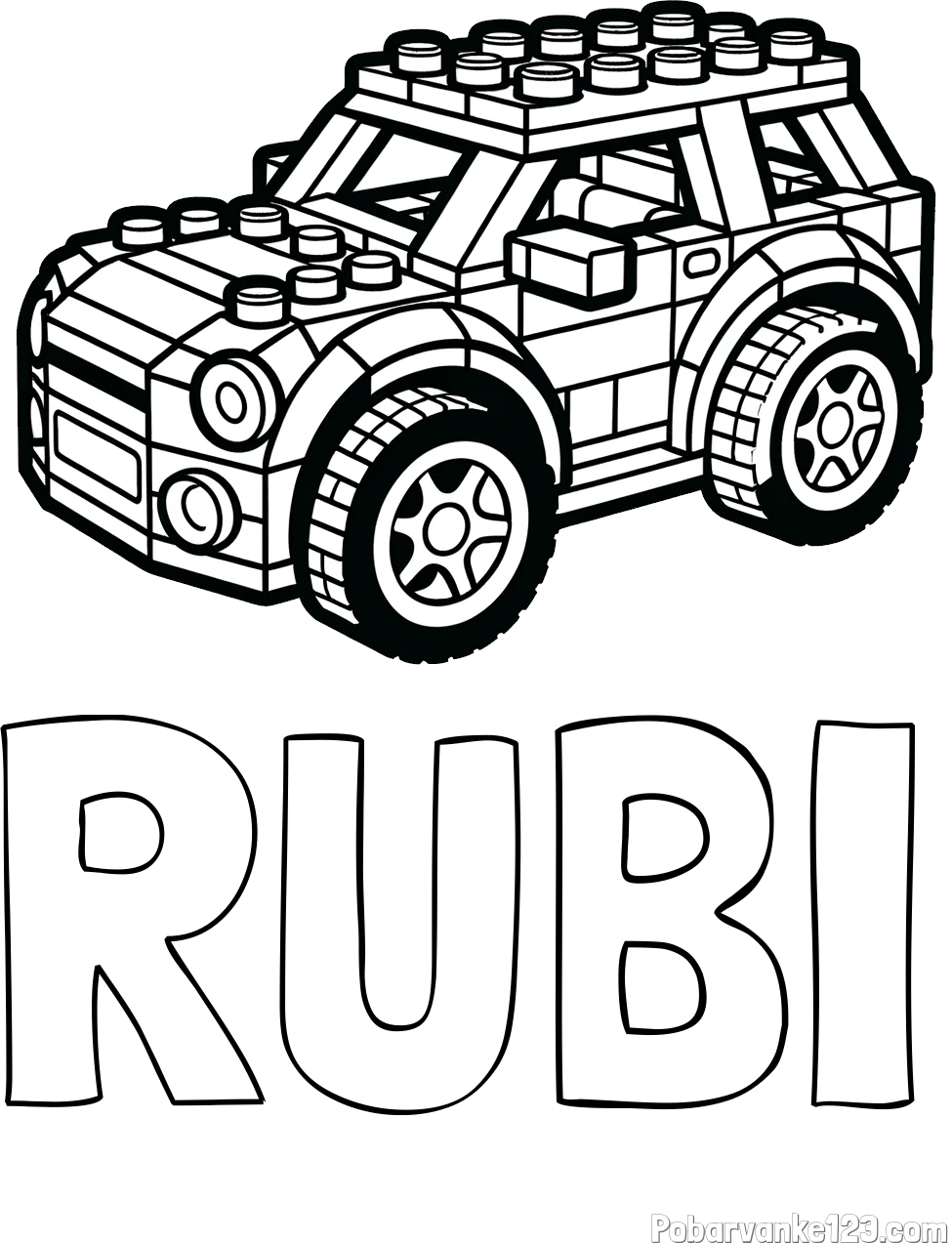 Pobarvanka imena RUBI in pobarvanka avtomobila sestavljenega iz LEGO kock