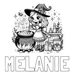 Pobarvanka imena MELANIE in pobarvanka prikupna čarovnica, ki pripravlja čarobni napoj