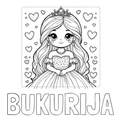 Online izdelana pobarvanka - Pobarvanka imena BUKURIJA in pobarvanka ljubke princese obdane s srčki