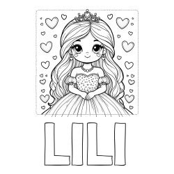 Online izdelana pobarvanka - Pobarvanka imena LILI in pobarvanka ljubke princese obdane s srčki
