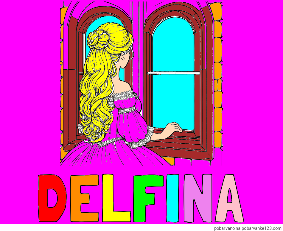 POBARVANA POBARVANKA - Pobarvanka imena DELFINA in pobarvanka princese, ki gleda skozi okno