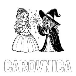 Online izdelana pobarvanka - Pobarvanka imena ČAROVNICA in pobarvanka zlobne čarovnice, ki poskuša začarati princesko