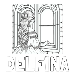Online izdelana pobarvanka - Pobarvanka imena DELFINA in pobarvanka princese, ki gleda skozi okno