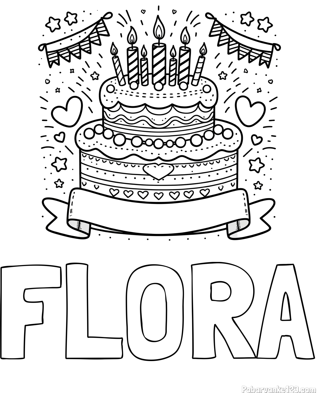 Pobarvanka imena FLORA in pobarvanka velike torte za rojstni dan
