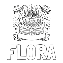 Online izdelana pobarvanka - Pobarvanka imena FLORA in pobarvanka velike torte za rojstni dan