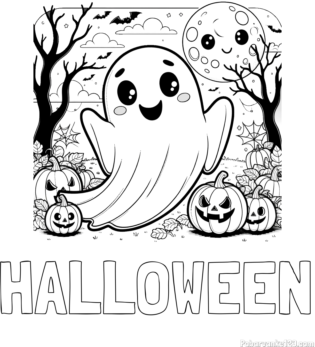 Pobarvanka imena HALLOWEEN in pobarvanka ljubkega duhca in buč za noč čarovnic