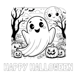 Pobarvanka imena HAPPY HALLOWEEN in pobarvanka ljubkega duhca in buč za noč čarovnic