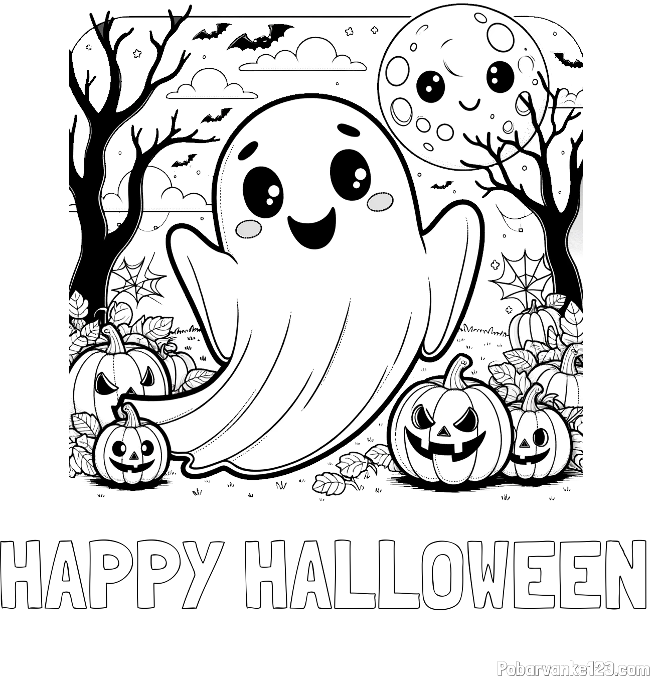 Pobarvanka imena HAPPY HALLOWEEN in pobarvanka ljubkega duhca in buč za noč čarovnic