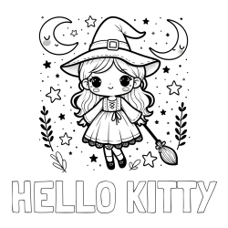 Online izdelana pobarvanka - Pobarvanka imena HELLO KITTY in pobarvanka prikupne čarovnice
