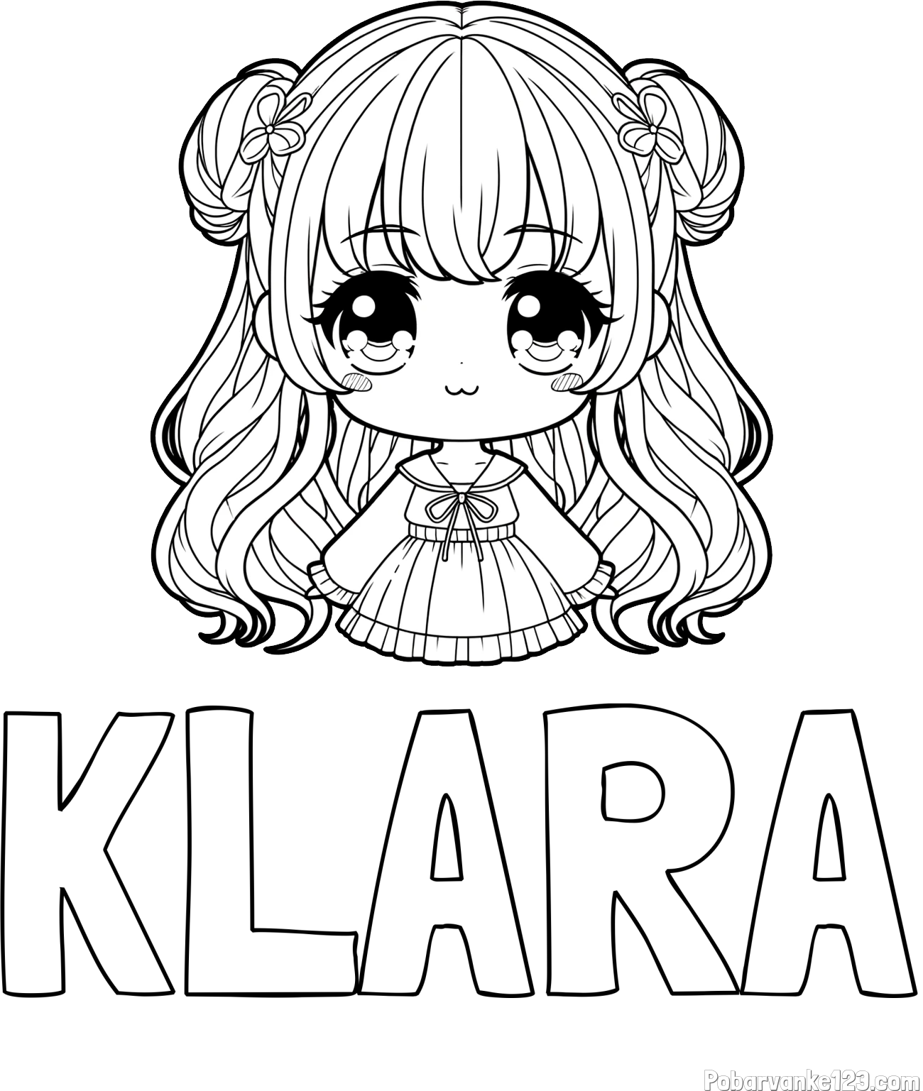 Pobarvanka imena KLARA in pobarvanka prikupne punčke v anime slogu