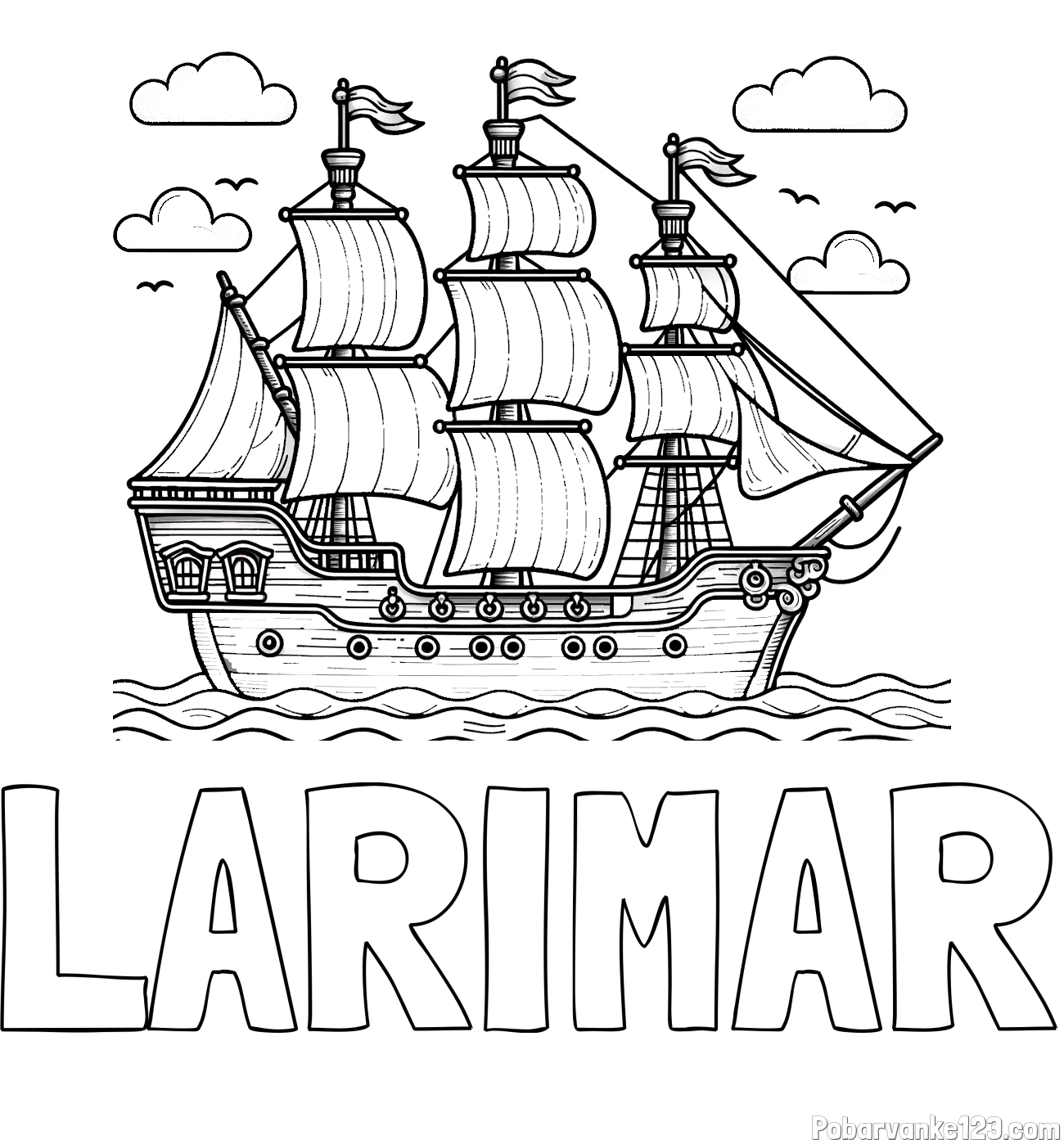Pobarvanka imena LARIMAR in pobarvanka stare gusarske ladje