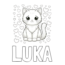 Online izdelana pobarvanka - Pobarvanka imena LUKA in pobarvanka ljubke mucke obdane s srčki