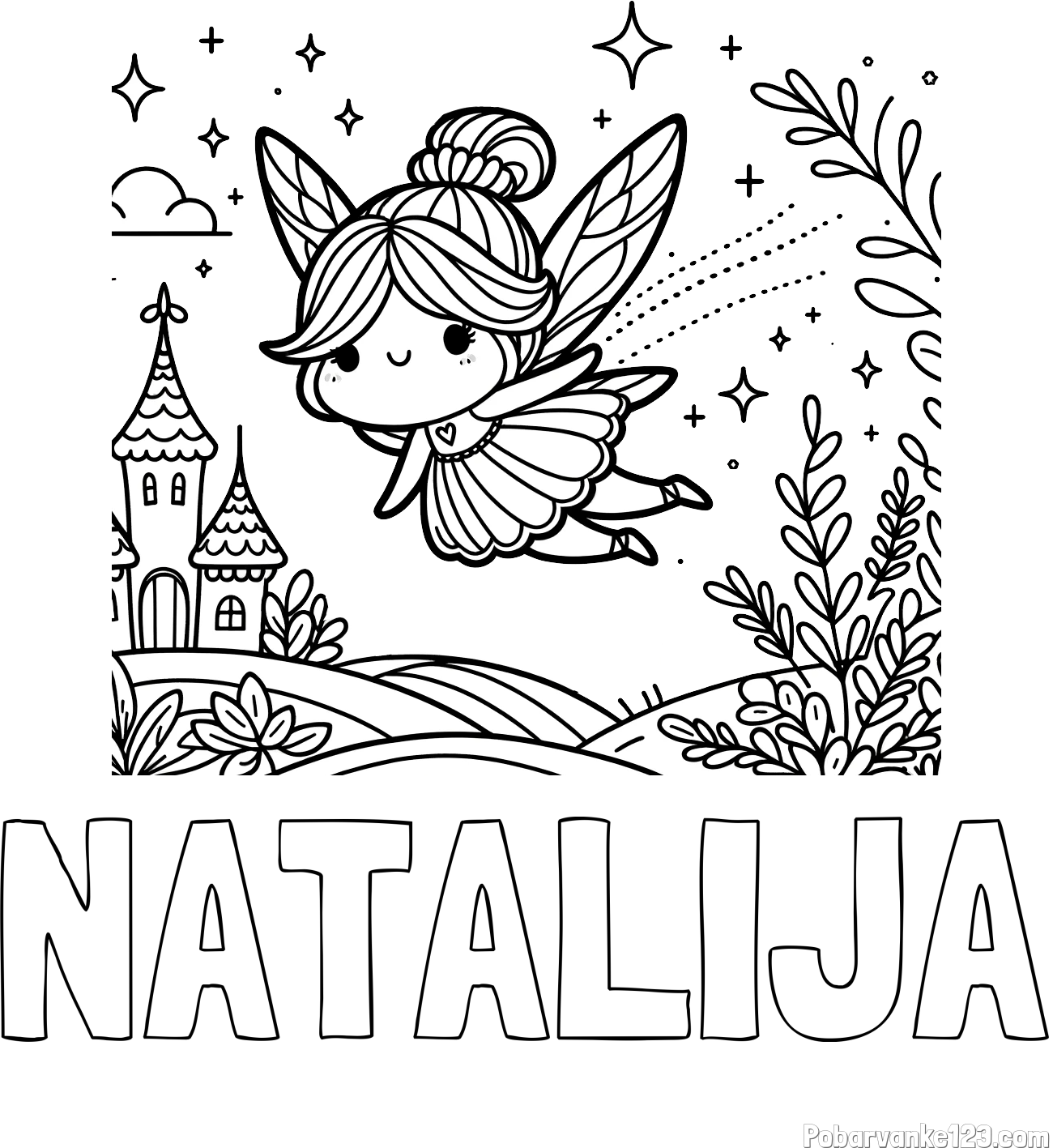 Pobarvanka imena NATALIJA in pobarvanka čarobne vile, ki leti nad pravljično pokrajino
