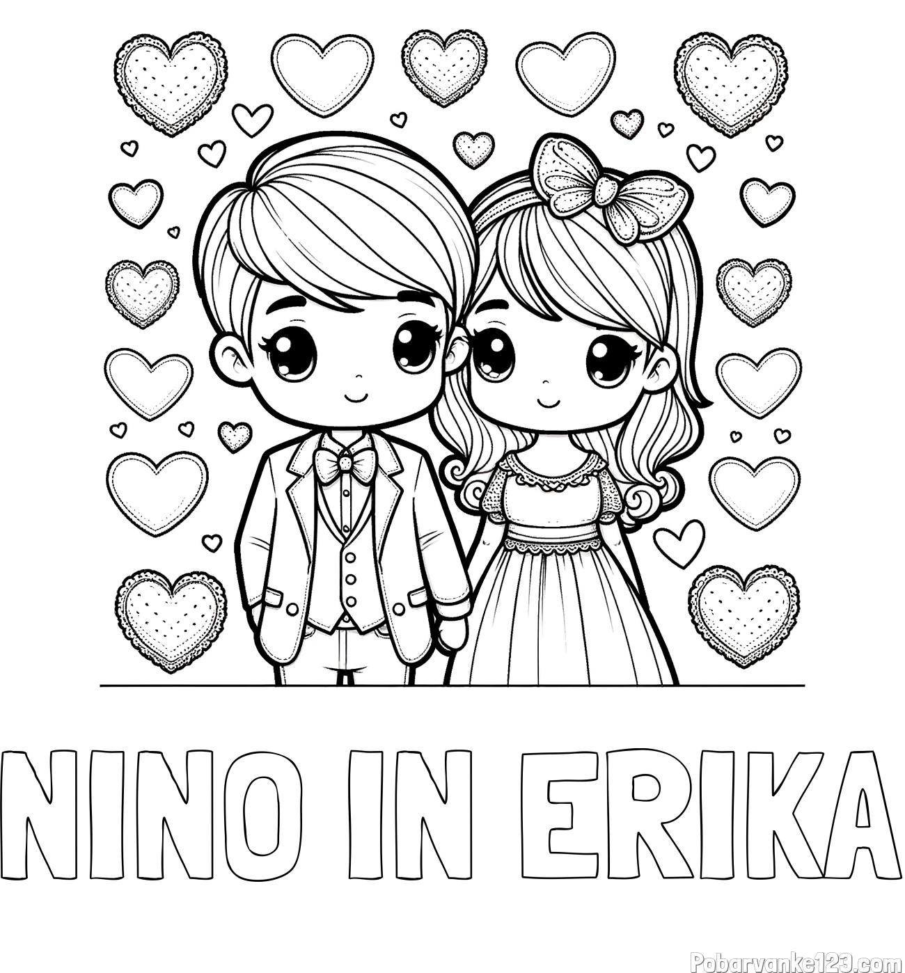 Pobarvanka imena NINO IN ERIKA in pobarvanka dveh zaljubljencev s srčki