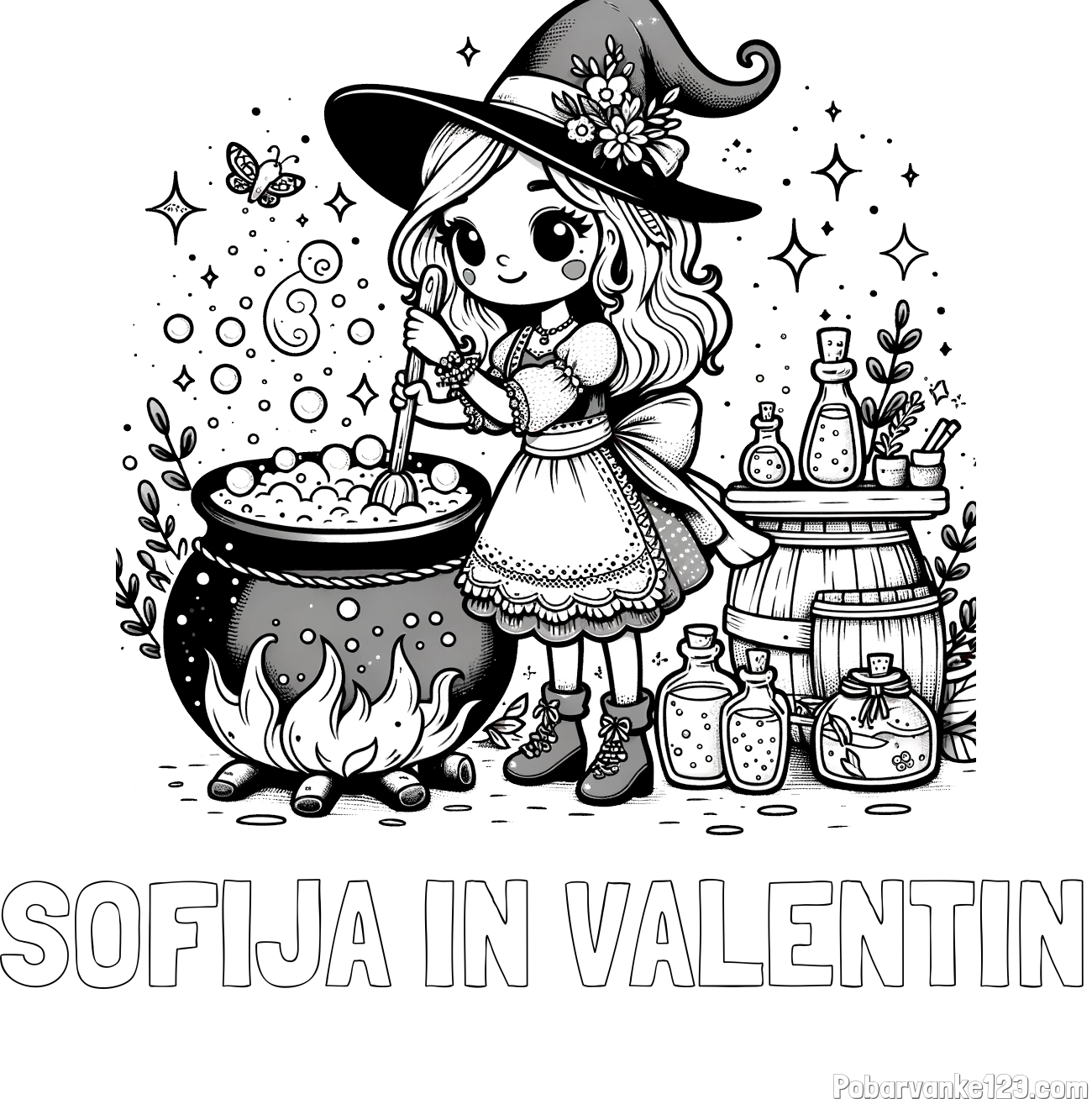 Pobarvanka imena SOFIJA IN VALENTIN in pobarvanka prikupna čarovnica, ki pripravlja čarobni napoj