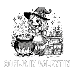Online izdelana pobarvanka - Pobarvanka imena SOFIJA IN VALENTIN in pobarvanka prikupna čarovnica, ki pripravlja čarobni napoj