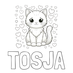 Online izdelana pobarvanka - Pobarvanka imena TOSJA in pobarvanka ljubke mucke obdane s srčki