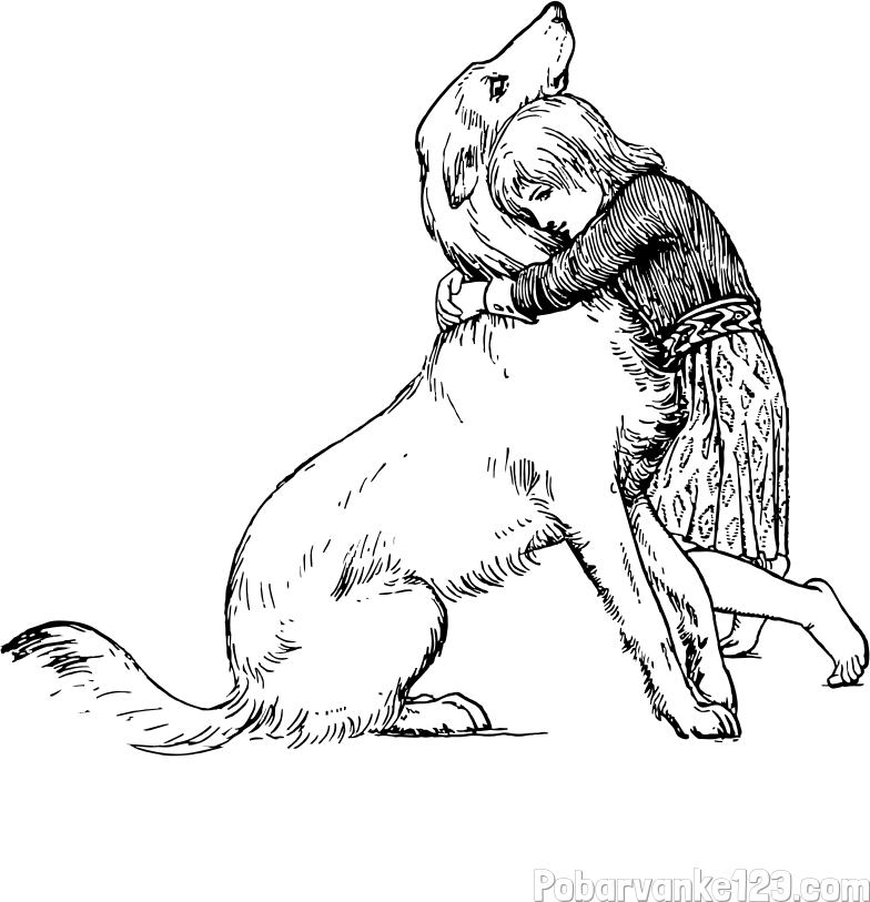 Pobarvanka prikupnega kužka, ki ga objema mala deklica