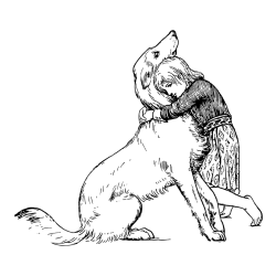 Pobarvanka prikupnega kužka, ki ga objema mala deklica