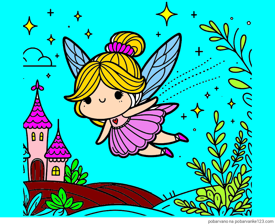 POBARVANA POBARVANKA - Pobarvanka čarobne vile, ki leti nad pravljično pokrajino