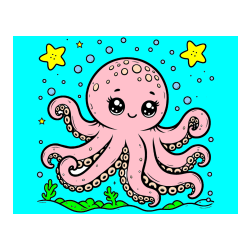 Pobarvana pobarvanka - Pobarvanka hobotnice v morju obdane z morskimi zvezdami