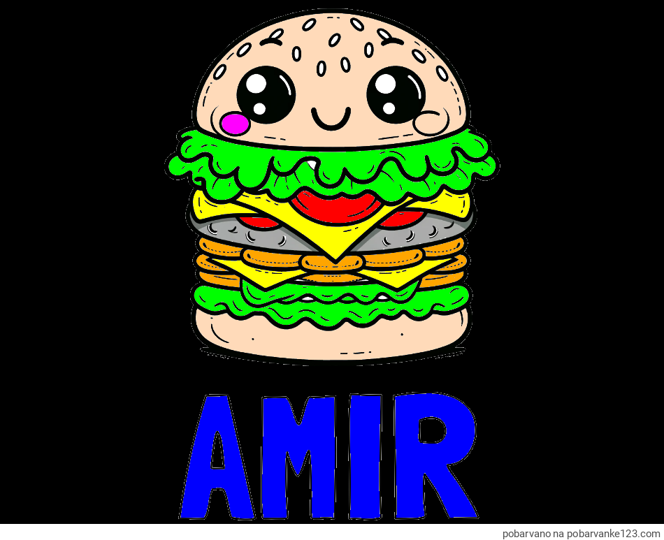 POBARVANA POBARVANKA - Pobarvanka imena AMIR in otroška pobarvanka nasmejanega hamburgerja