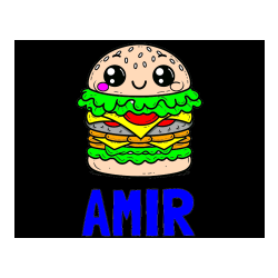 Pobarvana pobarvanka - Pobarvanka imena AMIR in otroška pobarvanka nasmejanega hamburgerja