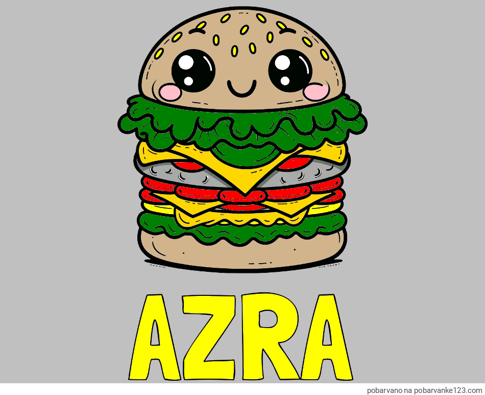 POBARVANA POBARVANKA - Pobarvanka imena AZRA in otroška pobarvanka nasmejanega hamburgerja