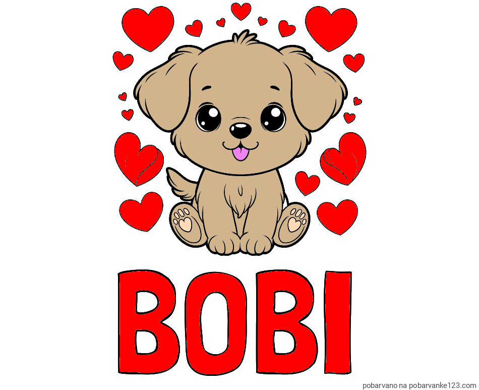POBARVANA POBARVANKA - Pobarvanka imena BOBI in pobarvanka ljubkega kužka obdanega s srčki