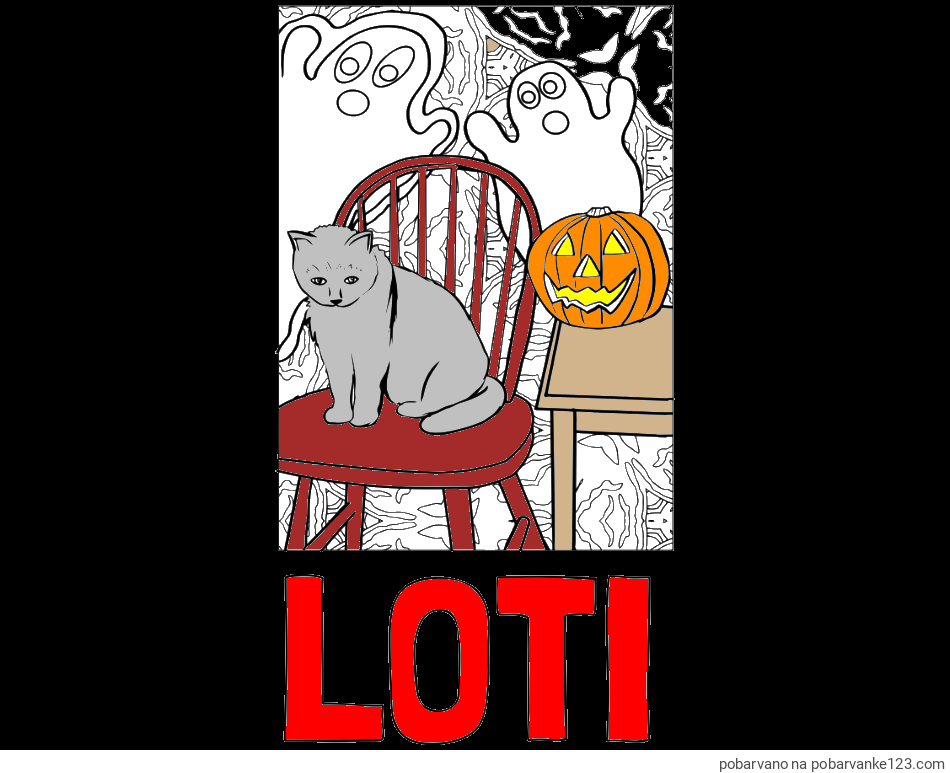 POBARVANA POBARVANKA - Pobarvanka imena LOTI in pobarvanka mačke, duhcev ter velike nasmejane buče za noč čarovnic