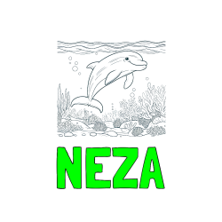 Pobarvana pobarvanka - Pobarvanka imena NEŽA in pobarvanka ljubkega delfina med plavanjem v morju