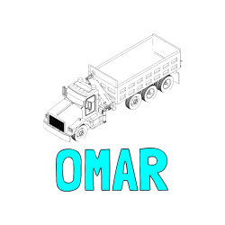 Pobarvana pobarvanka - Pobarvanka imena OMAR in pobarvanka velikega tovornjaka z dvigalko za nakladanje