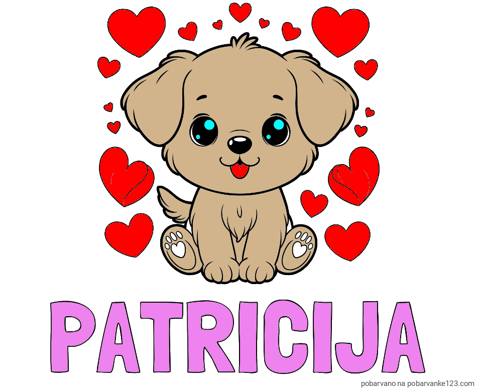 POBARVANA POBARVANKA - Pobarvanka imena PATRICIJA in pobarvanka ljubkega kužka obdanega s srčki